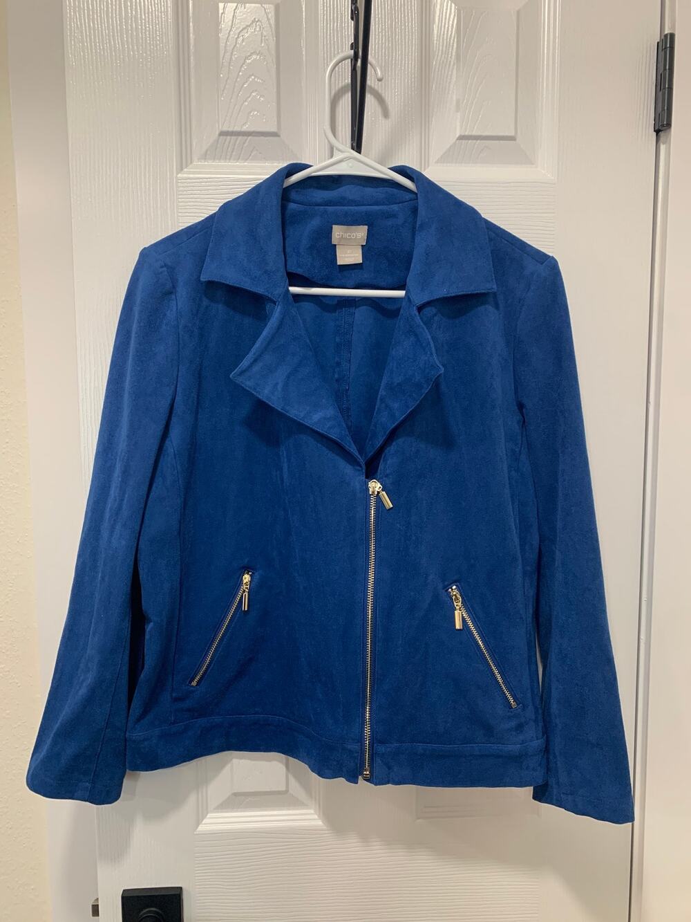 Chico's Blue Faux Suede Moto Jacket Zip Front Career Wear Sz 1P Medium